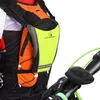 A person wearing a safety vest with a backpack, with a bicycle handlebar in the foreground. Náhľad obrázku produktu