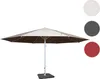 A large outdoor umbrella with a beige and brown canopy, a white pole, and a dark gray base. Three colored circles (white, gray, and red) are shown to the right, likely indicating color options. Produktbild-Vorschau