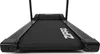 A close-up, low-angle view of a black treadmill. Produktbild-Vorschau