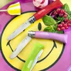 Four Opinel knives with colored handles are arranged on a smiley face plate, with some mint leaves and red currants. Produktbild-Vorschau