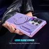 A person's hand holding a purple and pink phone case with a magnetic ring stand and a sliding camera cover. Produktbild-Vorschau