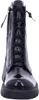 A close-up, front-facing view of a black patent leather boot with a thick sole and elastic lacing. Produktbild-Vorschau
