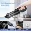 A hand holding a black cordless vacuum cleaner, with four inset images showing different charging options. Produktbild-Vorschau