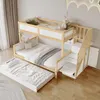 A bunk bed with a pull-out trundle bed, stairs with storage, and decorative elements on the wall. Produktbild-Vorschau