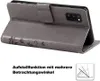 A gray flip case for a smartphone, shown in a partially open position, with a small diagram illustrating its stand function. Produktbild-Vorschau