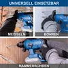 A collage of three images showing a cordless hammer drill in different modes of operation: chiseling, drilling, and hammer drilling. Hands wearing gloves are operating the drill in each scenario. Produktbild-Vorschau