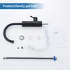 A product shot of a black kitchen faucet with its accessories and user guide laid out on a white background. Náhled obrázku produktu
