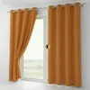 Two curtains hanging on a window rod, with one curtain partially open to reveal a window with a landscape view. Produktbild-Vorschau