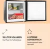 A mini-refrigerator is shown open, displaying frozen food items inside. The image is split into two sections, with the top showing the refrigerator and the bottom containing text and icons describing its features. Produktbild-Vorschau