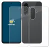 A smartphone with a screen protector and a back protector laid out next to each other. Produktbild-Vorschau