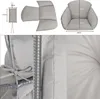 A collage of images showing a hanging chair, its components, and close-up details of its fabric and structure. Produktbild-Vorschau