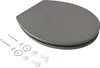 A gray toilet seat and its mounting hardware are laid out on a white background. Produktbild-Vorschau