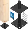 A wooden post is shown attached to a metal post anchor, with a separate metal post anchor and screws displayed next to it. Podgląd zdjęcia produktu