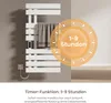 A white electric towel warmer with a towel draped over it, shown in a bathroom setting with a timer overlay. Náhľad obrázku produktu