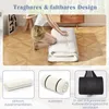 A collage showing a person folding a mattress, the mattress folded, the mattress rolled up, and a storage bag. Produktbild-Vorschau