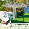A patio umbrella with solar-powered LED lights is shown open in a backyard setting, next to a sofa. A close-up inset shows a hand operating the crank mechanism. Voir les images du produit