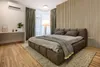 A bedroom with a bed, curtains, and a desk. Podgląd zdjęcia produktu