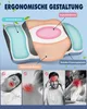 A diagram of an ergonomic pillow with labels, accompanied by four smaller images illustrating common discomforts. Produktbild-Vorschau