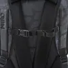 Close-up of the back of a black backpack with a camouflage pattern and a chest strap. Produktbild-Vorschau
