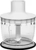 A close-up studio shot of a white and clear hand blender attachment with blades inside a transparent container. Produktbild-Vorschau
