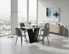 A modern dining room with a table and chairs set up near a large window. Produktbild-Vorschau