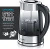 A product shot of a glass electric kettle with a black handle and silver accents, placed on a white background with a black overlay on the left side containing product information and logos. Anteprima dell’immagine prodotto