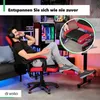A man is relaxing in a gaming chair with his feet up, while a circular overlay highlights the dimensions of the seat. Náhľad obrázku produktu