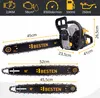 A diagram showing a chainsaw with various measurements and specifications, along with additional chains and guide bars. Produktbild-Vorschau