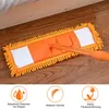 A mop head with an orange handle lies on a wooden floor, with three circular icons below it. Produktbild-Vorschau