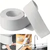 A collage showing a roll of white sealing tape, a person applying it to a toilet base, someone cutting the tape, and a faucet near a sink. Anteprima dell’immagine prodotto