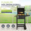 A charcoal grill is shown outdoors on a deck with a fence and water in the background. Text overlays highlight features and usage scenarios. Náhľad obrázku produktu