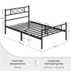 A diagram of a black metal bed frame with dimensions and specifications. Podgląd zdjęcia produktu