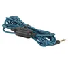 A coiled blue and black braided cable with an inline volume and mute control, and a 3.5mm jack connector. Voir les images du produit