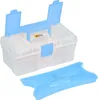 A clear plastic storage box with blue accents and a removable tray. Produktbild-Vorschau