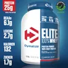 A product shot of a Dymatize Elite 100% Whey protein powder container, with nutritional information displayed on the left side. Produktbild-Vorschau