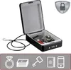 An open black safe box with a cable attached, containing keys and a USB drive. Below the safe are icons representing a ring, money, keys, passport, and a smartphone. Podgląd zdjęcia produktu