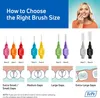 A size chart for interdental brushes, showing different sizes and corresponding gum gap sizes, with a woman using a brush in the background. Produktbild-Vorschau