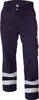 A pair of dark blue work pants with reflective stripes at the bottom. Produktbild-Vorschau