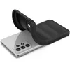 A black phone case is shown being placed onto a silver smartphone. Produktbild-Vorschau