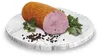 A cut piece of sausage on a marble platter with parsley and peppercorns. Produktbild-Vorschau