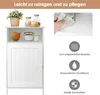 A white bathroom cabinet with decorative items on top and inside, next to marketing graphics highlighting product features. Produktbild-Vorschau