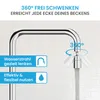 A close-up of a faucet attachment demonstrating its 360-degree swivel feature and two different water stream modes. Produktbild-Vorschau