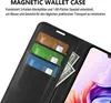 A black wallet case for a smartphone, showing credit cards and cash inserted into the slots. Produktbild-Vorschau