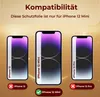 Three iPhone models are shown with a compatibility chart indicating which model the screen protector is for. Produktbild-Vorschau