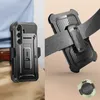 A collage showing a phone case with a belt clip attached to a belt, and a close-up of the belt clip mechanism. Produktbild-Vorschau