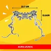 A black lace masquerade mask with ribbons is shown against a yellow background with a red stripe at the bottom. Dimensions are indicated. Produktbild-Vorschau