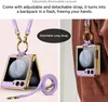 A product image showing a phone case with a detachable strap, presented in two different ways: one laid out and the other worn on a person's shoulder. Produktbild-Vorschau
