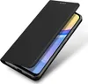 A black flip case for a smartphone is shown from a diagonal angle, with the flip cover partially open to reveal the phone screen. Podgląd zdjęcia produktu