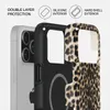 A cutaway view of a phone case showing its double-layer protection, silicone interior, and hard shell exterior with a leopard print pattern. Produktbild-Vorschau