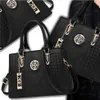 Multiple views of a black handbag are shown in a collage. Produktbild-Vorschau